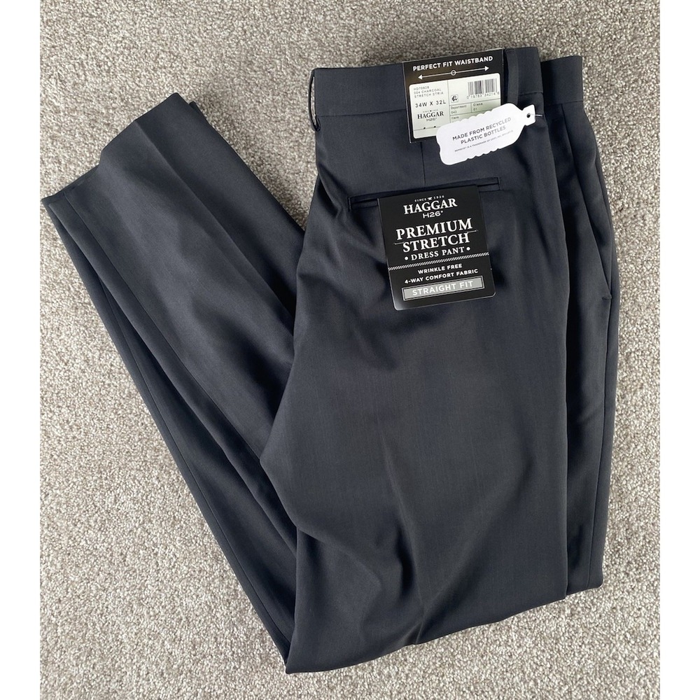 Haggar Black Men 34x32 Travel Performance Dress Pant Premium Stretch Slacks Flat